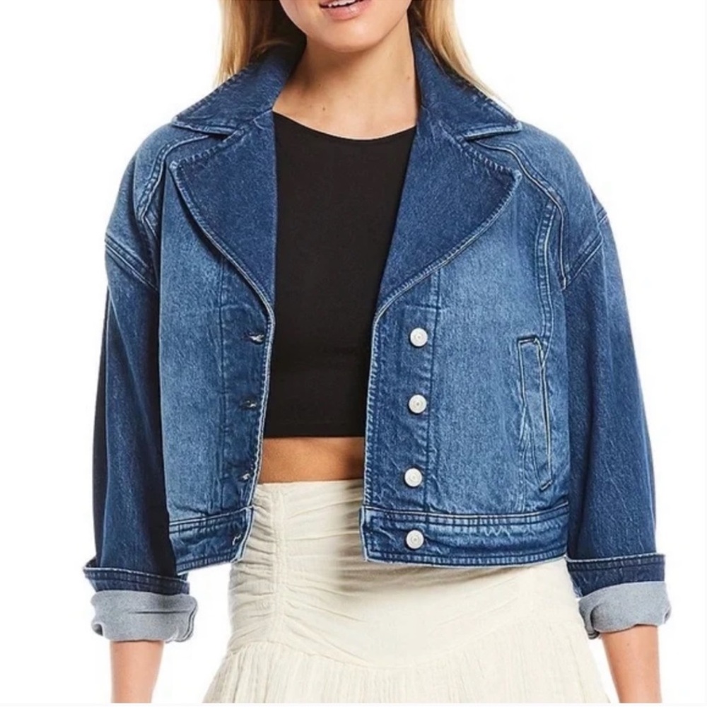 We the Free Free People Now or Never‎ Cropped Denim Jacket Size Small Oversized